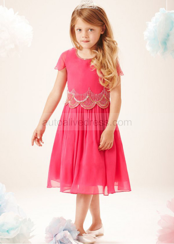 Beaded Neck Coral Chiffon Tea Length Flower Girl Dress